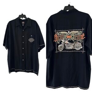 Harley Davidson Tori Richard 100% Silk Black Button Up Shirt Mens XL Embroidered